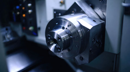 This high-resolution image depicts a precision metalworking machine, highlighting advanced engineering and machinery in a modern manufacturing environment.の素材