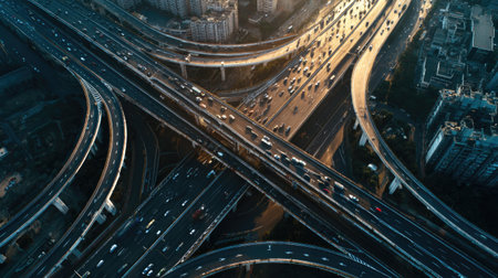This stunning aerial photograph captures a busy highway interchange with vehicles moving through the intricate network of roads during sunset.の素材