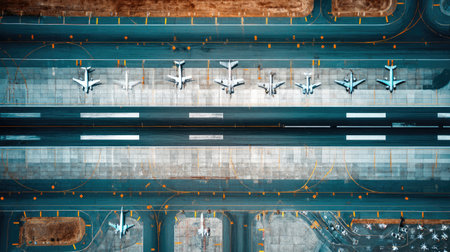 This aerial image captures numerous aircraft positioned on a busy airport runway. The scene illustrates the complex operations of air travel, highlighting taxiways and parking areas.の素材