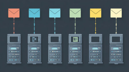 This illustration showcases multiple mail servers connecting through vibrant email notifications, emphasizing modern digital communication in a networked environment.の素材