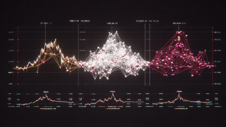 This abstract image showcases a dynamic data visualization with colorful graphs representing financial analysis and market trends. Ideal for conveying modern technology and analytics.の素材