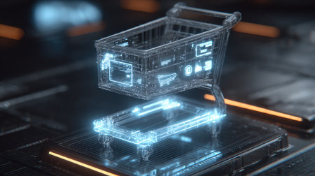 A high-tech digital shopping cart is beautifully showcased against a futuristic backdrop, featuring neon lights and advanced 3D rendering techniques. This image represents modern ecommerce solutions.の素材