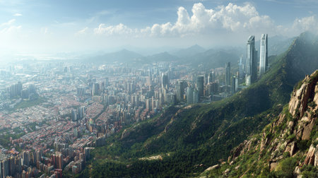 Breathtaking aerial view showcasing a vibrant urban skyline set against mountains and lush greenery under a bright sky, embodying modern architecture and nature.の素材