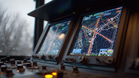 Detailed view of a control center dashboard featuring two navigation screens showcasing intricate digital maps used for city traffic management and analysis.の素材