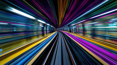A stunning abstract representation of a subway tunnel illuminated by vibrant light trails. The image captures motion and energy, creating a sense of speed and adventure in an urban environment.の素材