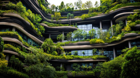 This image showcases a modern architectural marvel adorned with lush vertical gardens, combining nature and innovative design for sustainable urban living.の素材