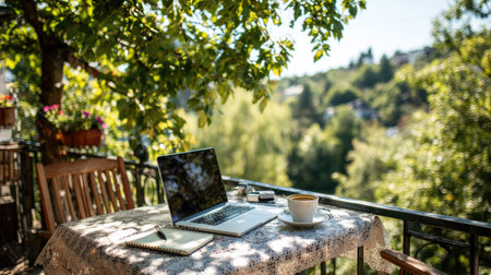 A serene outdoor workspace featuring a laptop, a cup of coffee, and a notebook on a table amidst lush greenery, perfect for creativity and relaxation.の素材