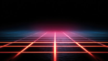 This image showcases a striking neon grid featuring vibrant red and blue lines set against a dark background, perfect for digital art or technology themes.の素材
