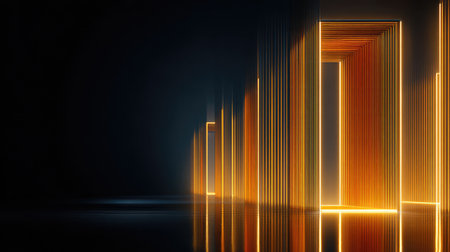 This image features abstract glowing doors surrounded by warm light beams in a dark space, creating a captivating and futuristic ambiance ideal for various artistic concepts.の素材