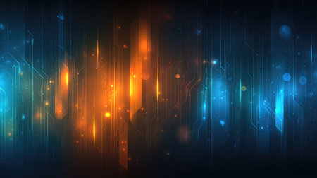 This image presents an abstract futuristic background featuring glowing lines and particles in blue and orange colors, perfect for technology and design projects.の素材