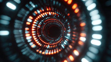 Experience a captivating visual journey through an abstract digital tunnel filled with glowing blue and orange lights, creating a mesmerizing atmosphere.の素材