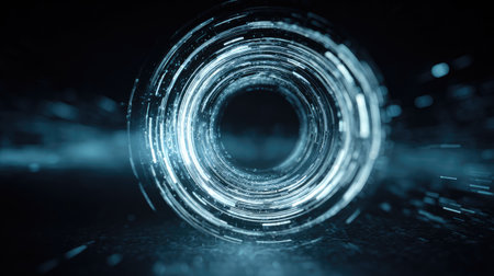 This captivating image presents an abstract digital tunnel illuminated with glowing light trails, evoking themes of technology and futuristic design.の素材