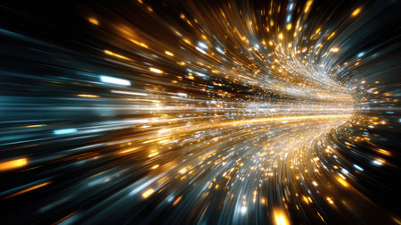 This dynamic abstract image features a vibrant swirl of glowing particles and light trails, evoking a sense of speed and cosmic energy in a dark environment.の素材