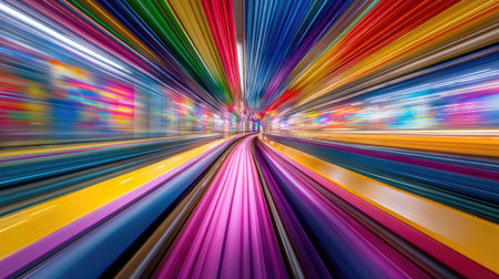 Immerse yourself in this stunning abstract image featuring vibrant colors and motion blur of train tracks, capturing the energy of modern transportation.の素材