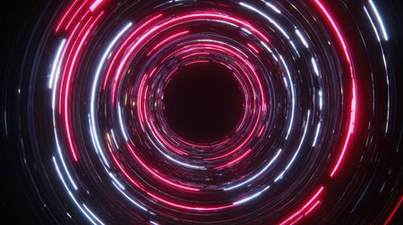 This stunning abstract image features a glowing light tunnel with vibrant red and white neon lines swirling in a hypnotic spiral, creating a captivating visual depth.の素材