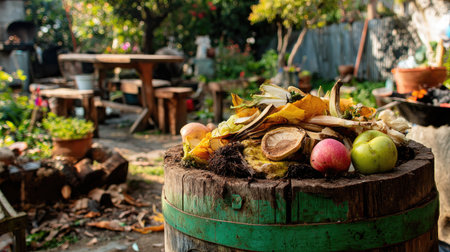 A picturesque garden scene featuring a rustic barrel adorned with colorful fruits and organic compost, set amidst lush greenery and vibrant surroundings.の素材