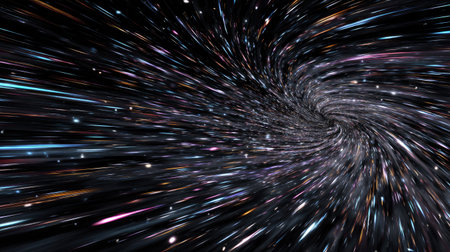 This mesmerizing image captures a vortex of stars and light within deep space, showcasing the vibrant colors and dynamic motion of the galaxy.の素材