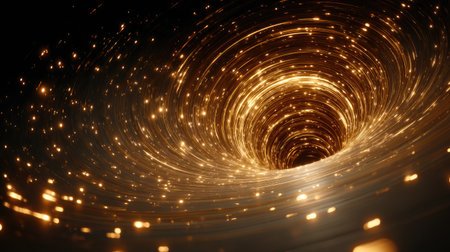 An artistic representation of a swirling vortex illuminated by golden particles, creating a mesmerizing visual experience in a cosmic setting.の素材