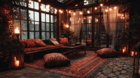 This inviting indoor lounge features warm lighting, lush greenery, and rich textiles, creating a serene space perfect for relaxation or gatherings.の素材