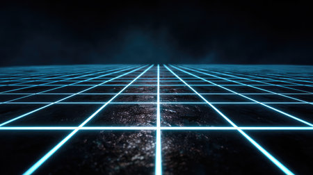 This image features a futuristic neon grid landscape with vibrant blue light reflections on a dark surface, creating a sci-fi atmosphere perfect for digital art projects.の素材