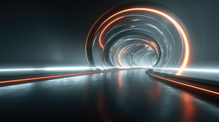 A captivating futuristic tunnel featuring glowing lights, smooth reflections, and a dark ambiance, perfect for illustrating advanced technology and imagination.の素材