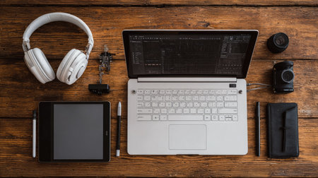 A modern workspace featuring a sleek laptop, a tablet, headphones, and a camera on a rustic wooden table, ideal for creative professionals.の素材
