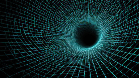 This stunning abstract digital artwork features a profound tunnel created with glowing grid lines against a dark background, representing depth and infinity.の素材