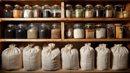 This image features a rustic kitchen pantry with shelves displaying an array of jars filled with spices, beans, and grains. Cloth bags sit below.の素材