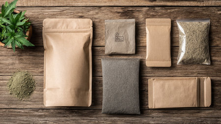 A diverse collection of natural product packaging displayed on a rustic wooden background, reflecting an eco-friendly and healthy lifestyle ideal for organic markets.の素材