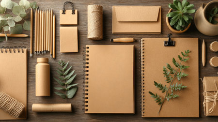A serene and organized workspace featuring various stationery supplies and decorative greenery, perfect for inspiring creativity and productivity.の素材
