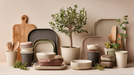 This captivating arrangement showcases a variety of minimalist kitchenware, blending natural elements and earthy tones. Perfect for stylish home decor, this display highlights functional tableware and decorative plants, creating an inviting atmosphere that complements contemporary living spaces.の素材