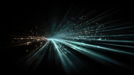 Experience an abstract visual of light streams with dynamic particles glowing against a dark backdrop. This image captures movement and energy.の素材
