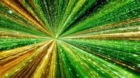 A captivating image featuring a burst of green and gold light rays, creating an energetic and dynamic visual effect filled with sparkling particles.の素材