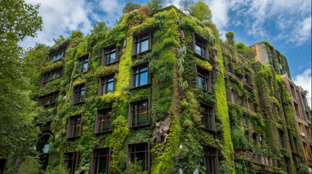 Explore a vibrant green building covered in a living wall, showcasing an innovative mix of plants and trees for sustainability and urban beauty.の素材