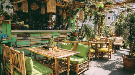 Experience a cozy outdoor dining space in a tropical restaurant filled with lush greenery and vibrant decor. Perfect for casual gatherings and relaxing moments.の素材