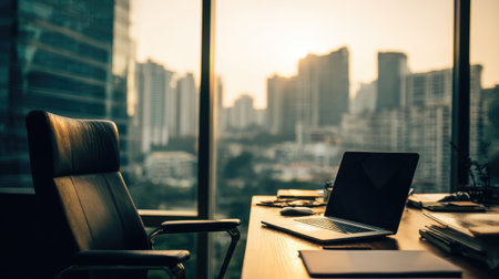 A serene office workspace featuring a laptop and chair, set against a stunning city skyline at sunset, perfect for inspiring productivity and focus.の素材