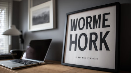 A stylish modern workspace featuring a laptop on a wooden table, complemented by bold wall art that inspires creativity and focus in a cozy environment.の素材