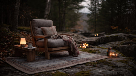 Experience the calm of nature with this cozy outdoor chair, illuminated by soft lanterns and surrounded by a tranquil forest, perfect for relaxation.の素材