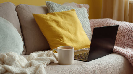 A cozy living room scene featuring a laptop on a sofa, complemented by a coffee mug, colorful pillows, and a soft blanket, perfect for relaxation.の素材