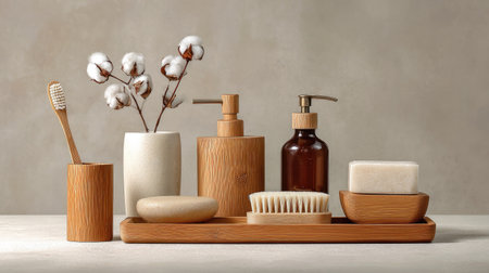 This serene arrangement features wooden bathroom accessories alongside cotton stems, creating a minimalist aesthetic. Ideal for eco-friendly decor.の素材