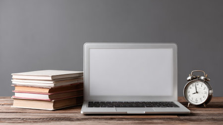 A clean and minimalistic workspace featuring a laptop, a stack of books, and a vintage alarm clock, perfect for studying or working creatively.の素材