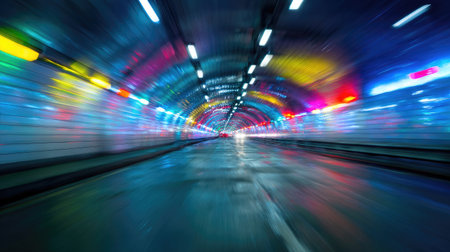This captivating image showcases an underground tunnel with colorful light trails, symbolizing speed and movement. The vibrant reflections enhance the dynamic atmosphere, making it ideal for themes of travel and urban exploration.の素材