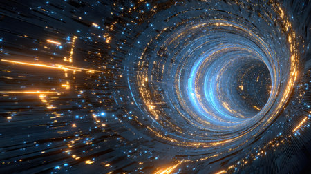 A mesmerizing cosmic swirl creates a sense of deep space exploration, illuminated by vibrant stars and energetic light streams in a dynamic environment.の素材