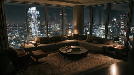 A stylish and cozy living room with a stunning city skyline view at night, featuring comfortable seating, soft lighting, and elegant decor to create a tranquil ambiance.の素材