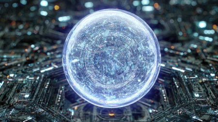 A captivating futuristic digital sphere floats amidst intricate circuit patterns, embodying advanced technology and innovative design. This visually striking image emphasizes the connection between technology and abstract art, ideal for various digital projects.の素材