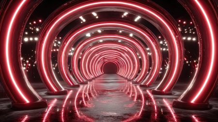 This image features a captivating futuristic tunnel illuminated by radiant red arches. The reflections on the wet surface enhance its modern aesthetic, creating a striking visual experience in a dark environment.の素材