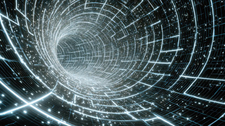 This striking image features a futuristic tunnel filled with glowing lines and stars, creating a mesmerizing deep-space experience. Ideal for science and technology themes.の素材
