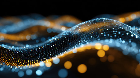 This captivating abstract image features flowing digital waves illuminated by vibrant blue and orange particles, creating a dynamic background ideal for various creative projects.の素材