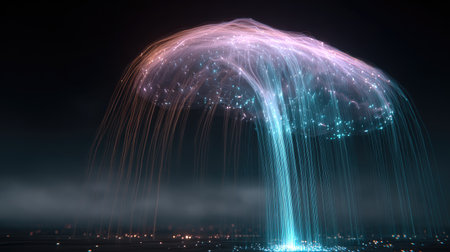 A stunning digital representation of a luminous waterfall cascading in a dark landscape, illuminated by vibrant colors and glowing particles, evoking a serene and otherworldly atmosphere.の素材