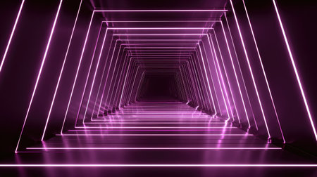 Immerse in this abstract digital artwork featuring a futuristic tunnel illuminated by vibrant pink neon lights against a sleek black backdrop, creating a captivating atmosphere.の素材